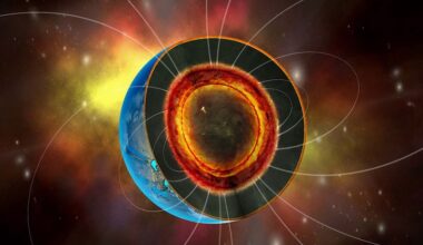 Magnetic fields on super-Earths: Cutaway view of a large rocky planet. A ring of bright reddish material is around the core, with many thin loops reaching out into space.