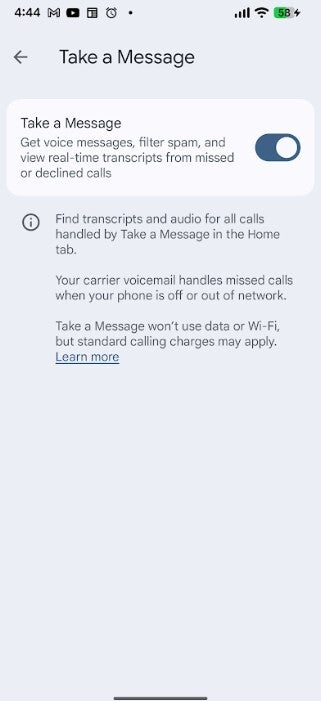 Screenshot shows you the toggle to disable "Take a Message."