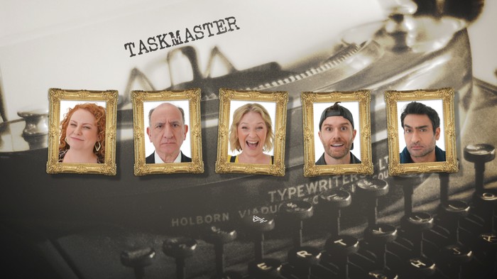 Pictures of Amy Gledhill, Armando Iannucci, Joanna Page, Joel Dommett and Kumail Nanjiani, with a Taskmaster logo above.