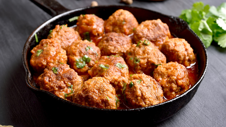 Meatballs in cast iron pan