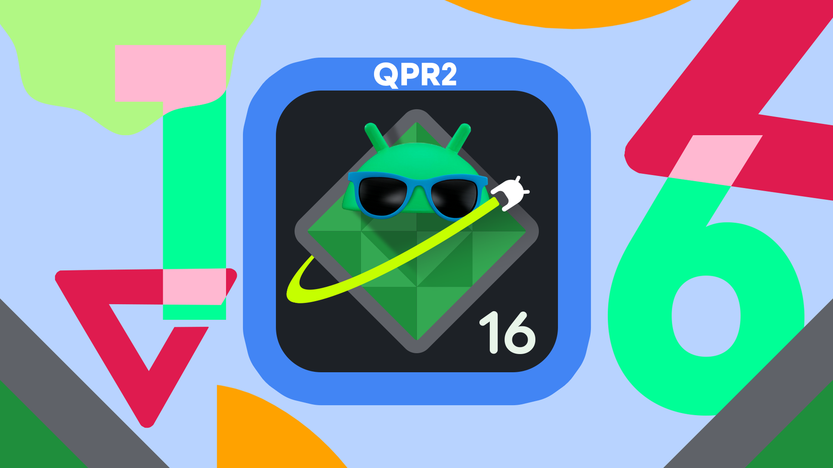 The Android 16 QPR2 logo featuring the Android mascot wearing sunglasses, set against a colorful abstract background.