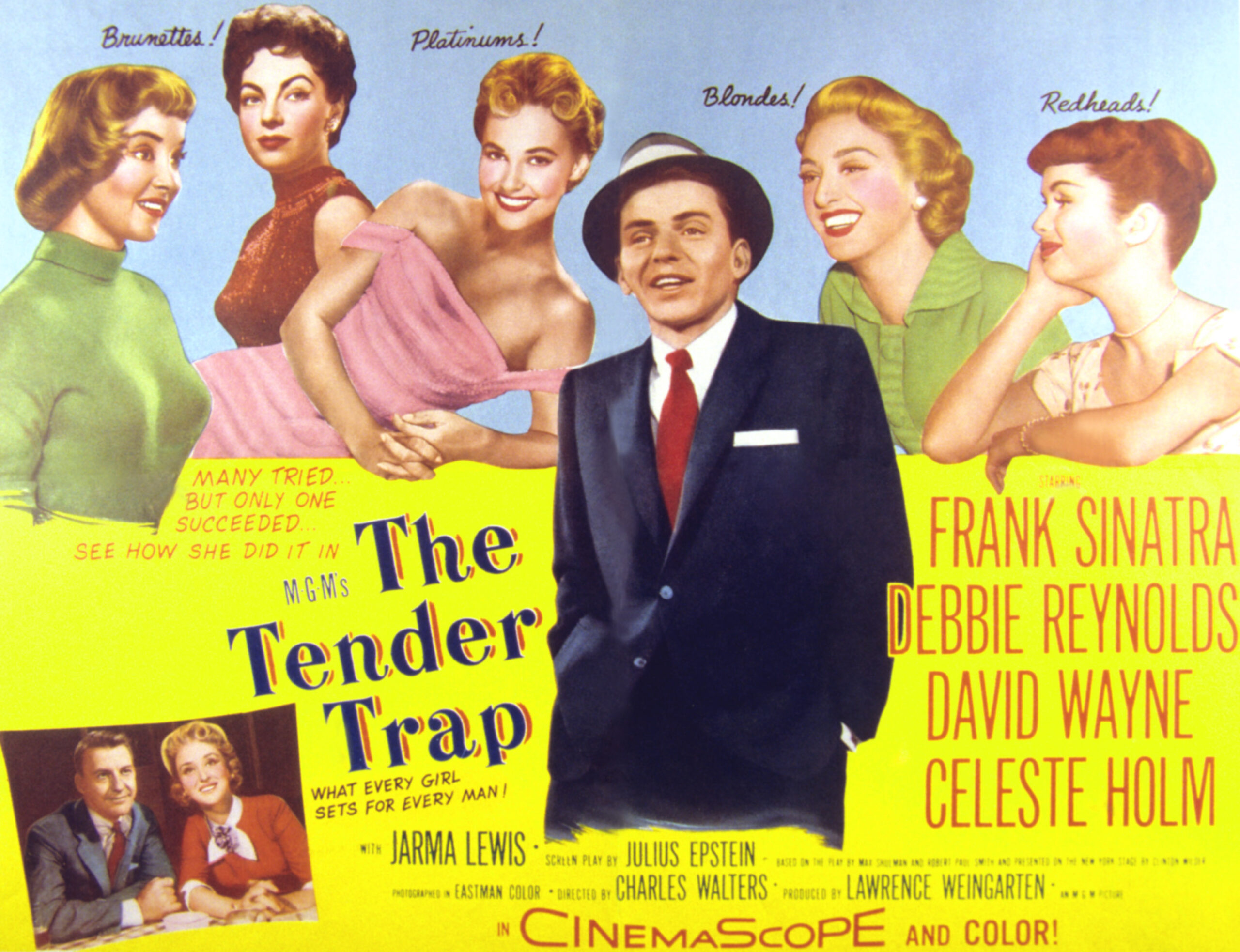 THE TENDER TRAP, Frank Sinatra, David Wayne, Carolyn Jones, Jarma Lewis, Lola Albright, Celeste Holm, Debbie Reynolds, 1955