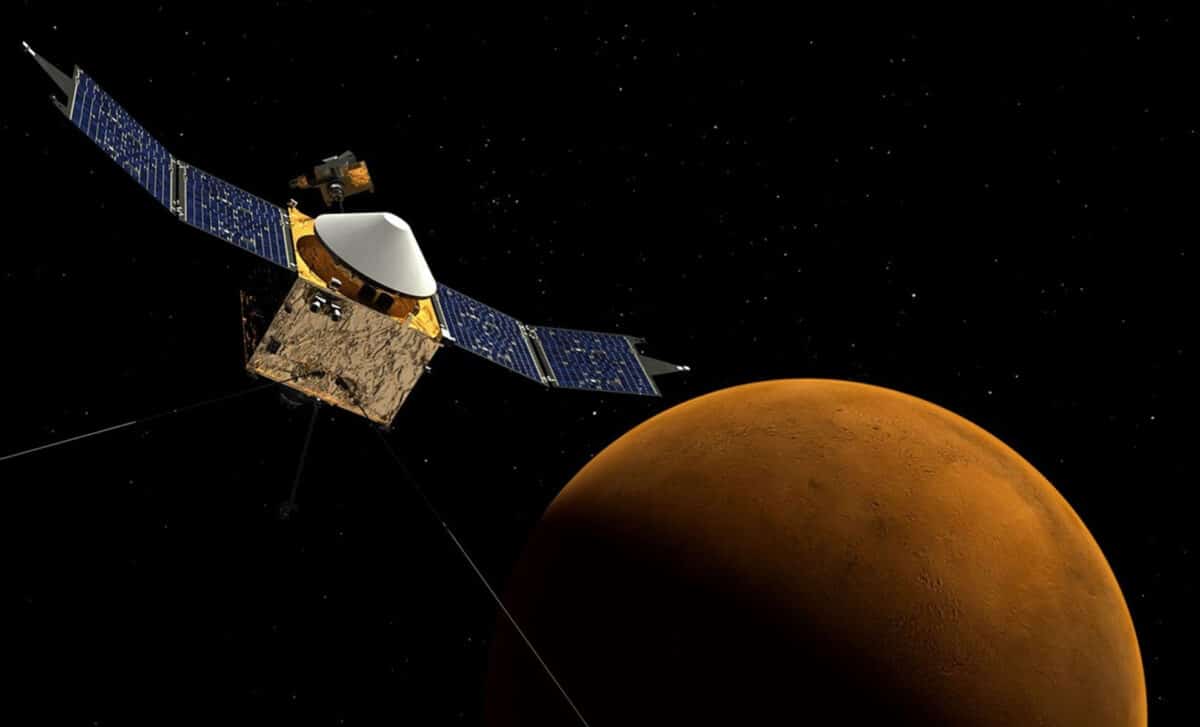 This Artist's Concept Depicts Nasa's Mars Atmosphere And Volatile Evolution (maven) Spacecraft Near Mars