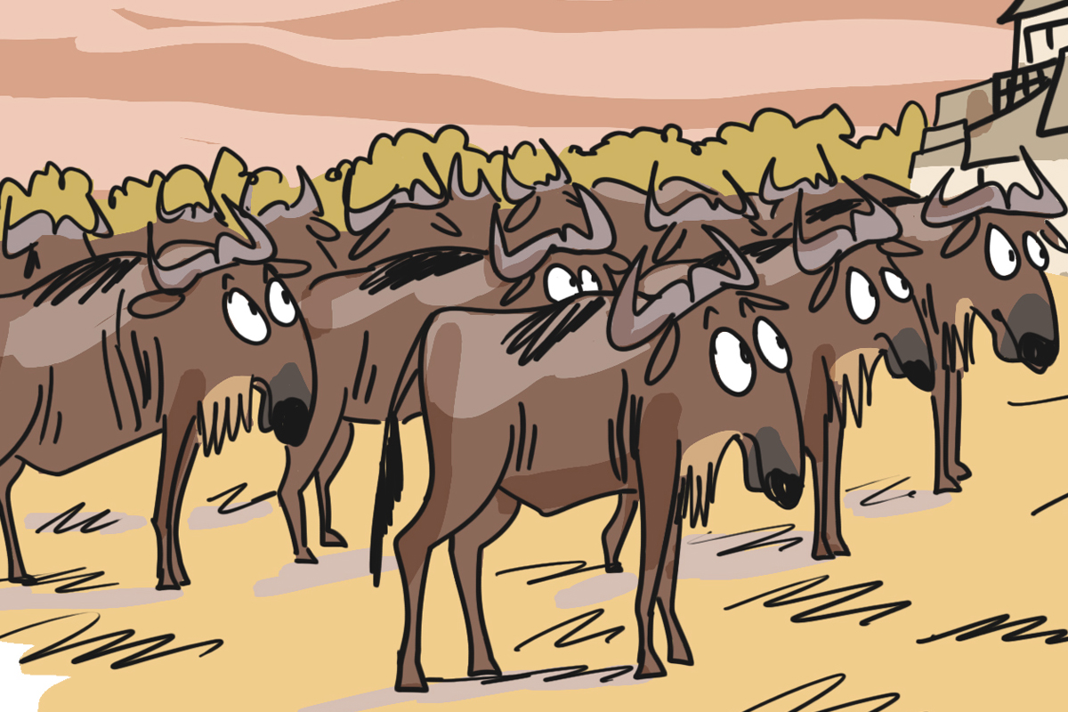 Predators of the Great Wildebeest Migration: Then and now (cartoon)