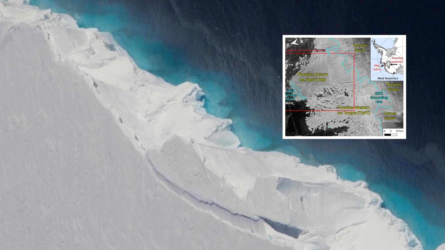 Cracks along the Thwaites Eastern Ice Shelf in West Antarctica, with inset map showing the “end-of-the-world” glacier area.