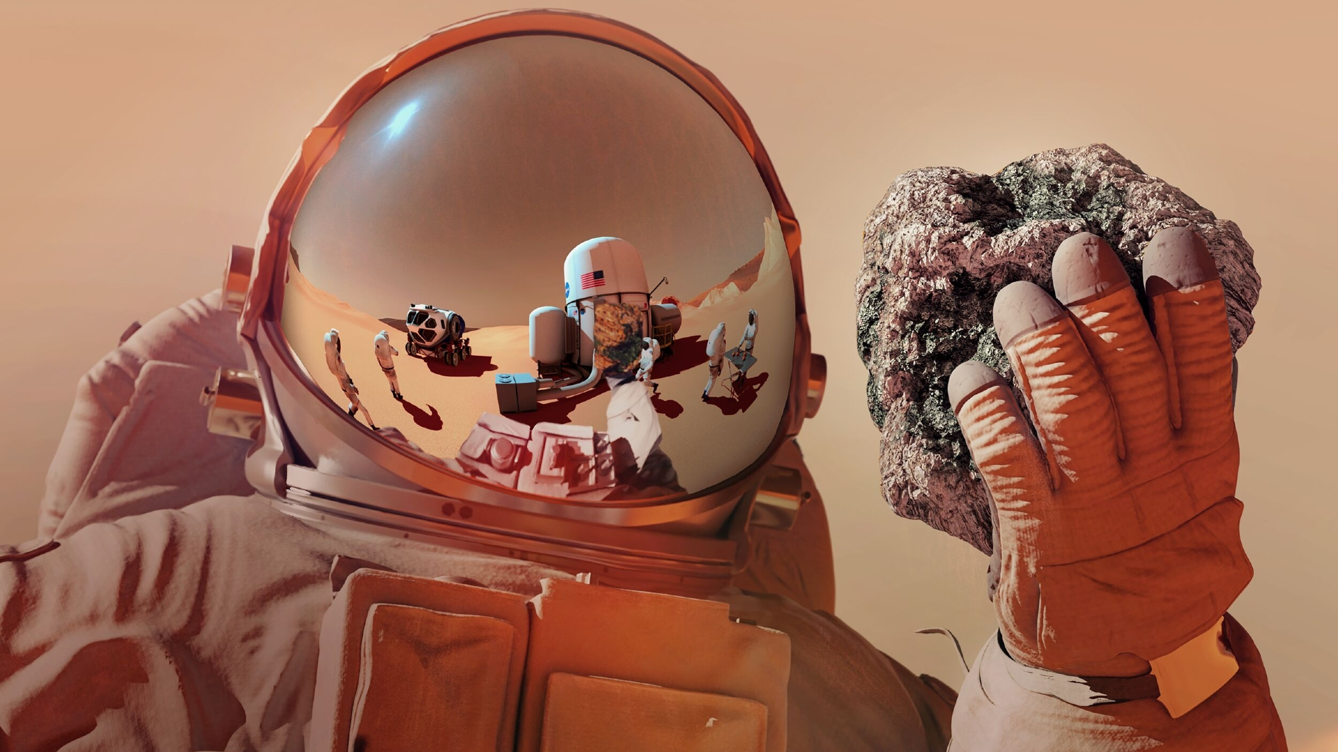 An illustration of an astronaut wearing an orange space suit holding a gray rock and in their shiny helmet is reflected various terraforming equipment