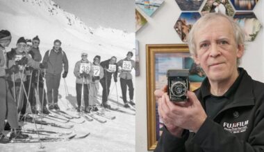A split image: on the left, a group of skiers wearing numbered bibs stand on a snowy mountain in a vintage black-and-white photo; on the right, an older man holds an old camera, standing indoors with framed photos behind him.