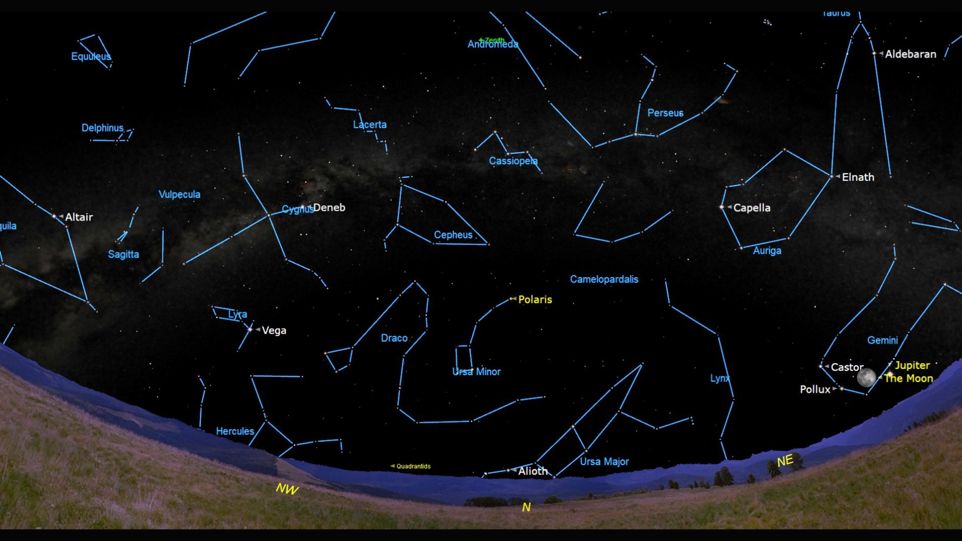 A star map showing the various labeled constellations in the night sky like Draco and Ursa Major with the glow of the Milky Way behind the drawings.