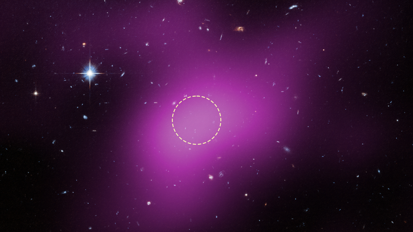 A region of space mostly filled with background galaxies, with one prominent star at upper left. A large blob of purple haze occupies much of the field. Within the purple region, an unremarkable area is outlined with a dashed white circle.