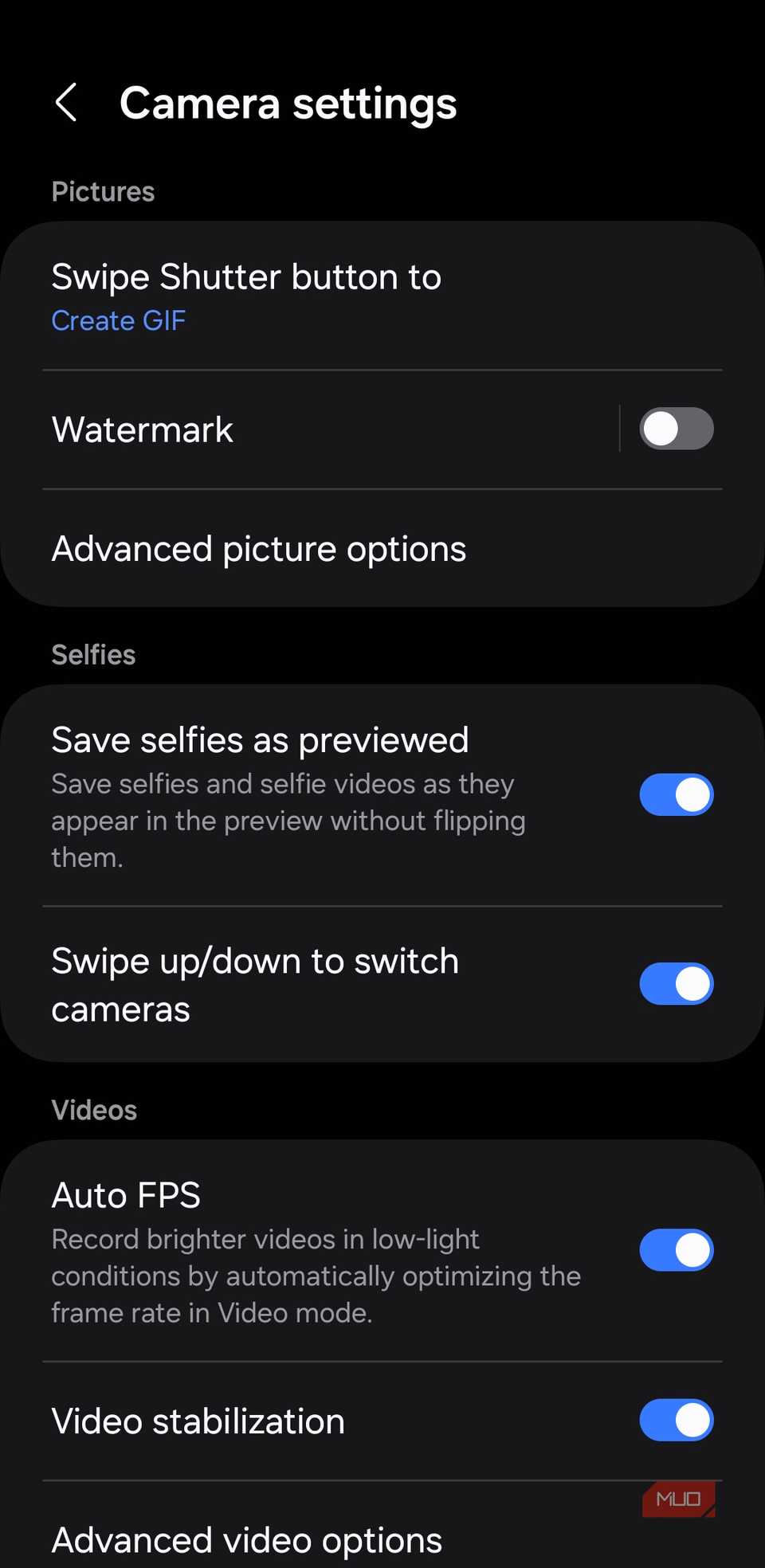 Watermark settings in Samsung Camera app
