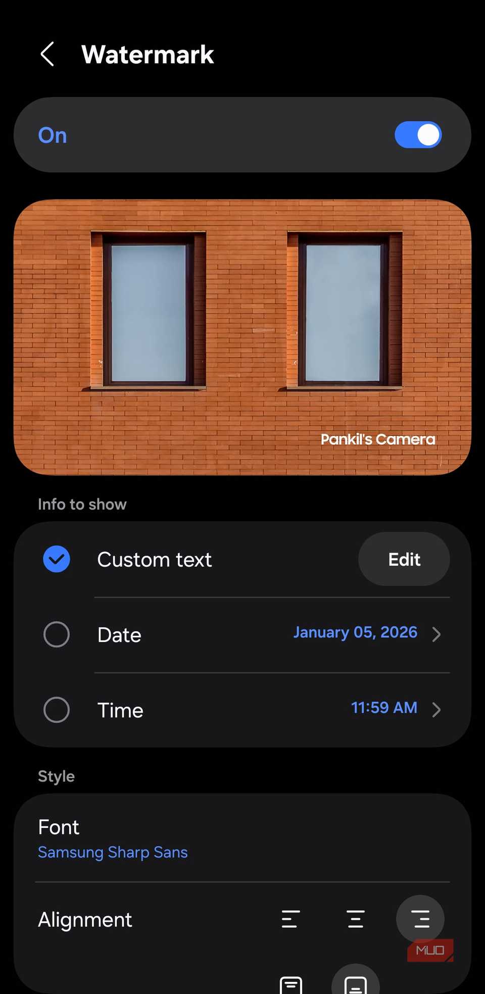 Watermark settings menu on Samsung phone
