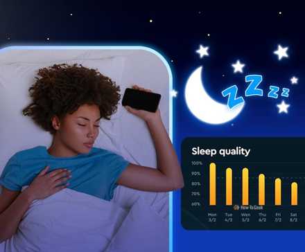 Woman sleeping with a phone in her hand, next to a sleep quality chart on a night-themed background with moon, stars, and 'zzz' symbols.
