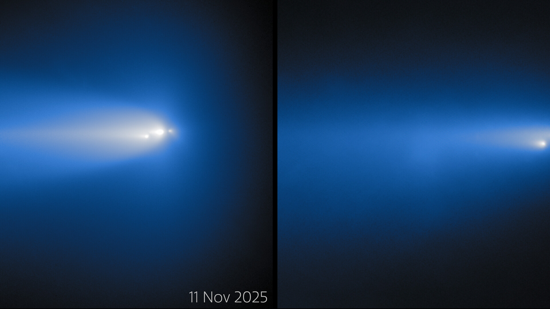 Two side by side images of a white streak of light moving from left to right surrounded by blue against a black background