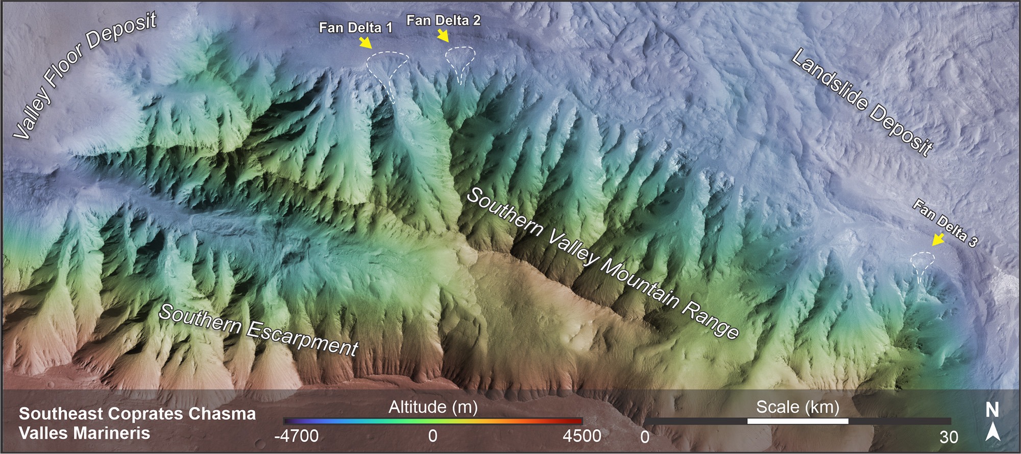 image showing the fan deltas on the surface of mars.