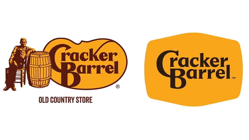 The old Cracker Barrel logo with a barrel and old man and the more minimalist new Cracker Barrel logo side by side