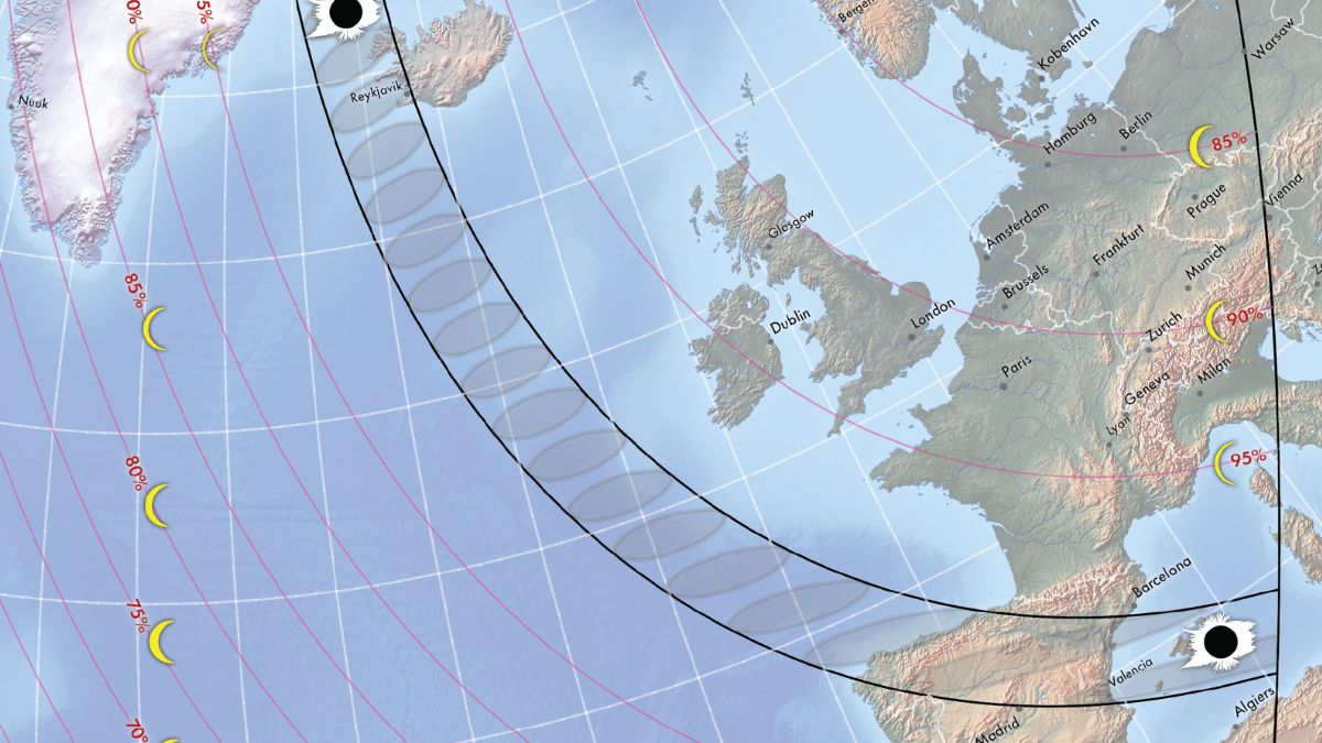 A map across Europe showing lines where the solar eclipse's path of totality will be in 2026