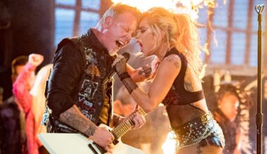 James Hetfield and Lady Gaga screaming into the mic