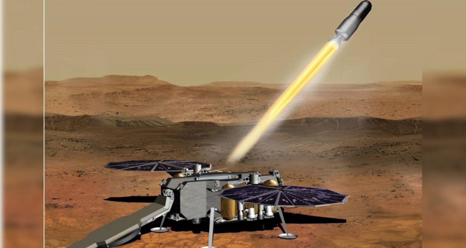 An illustration of a Martian lander with hexagonal solar panels faced toward the top of the image and shooting off a small metal cylinder with a beam of yellow light headed for the top right of the image