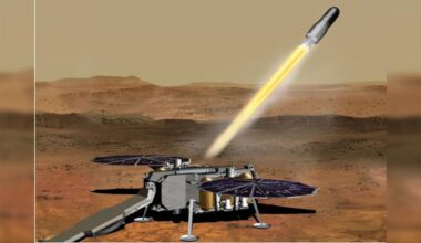 An illustration of a Martian lander with hexagonal solar panels faced toward the top of the image and shooting off a small metal cylinder with a beam of yellow light headed for the top right of the image