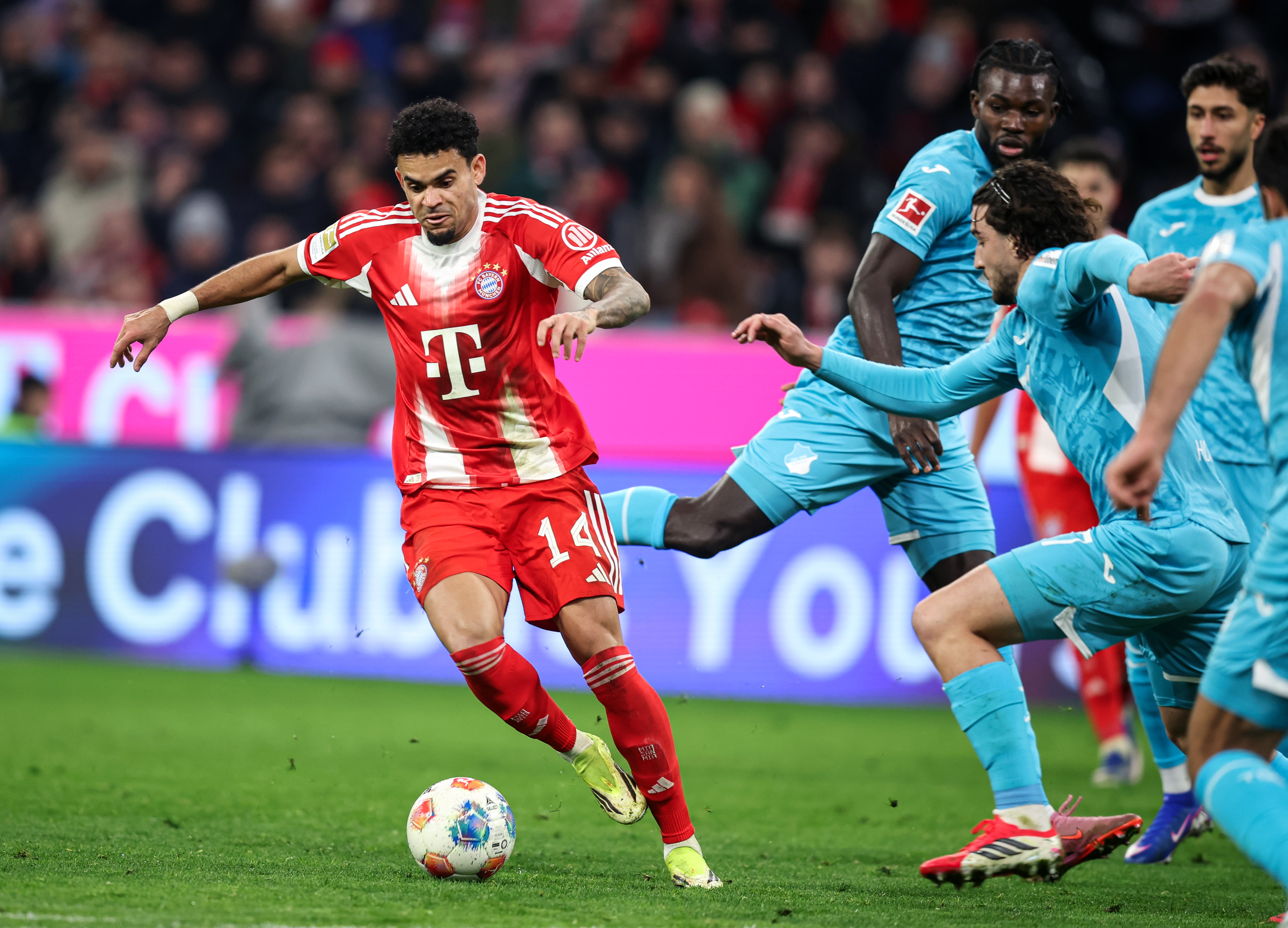 Luis Diaz of FC Bayern Munich in action during a Bundesliga match against TSG Hoffenheim.