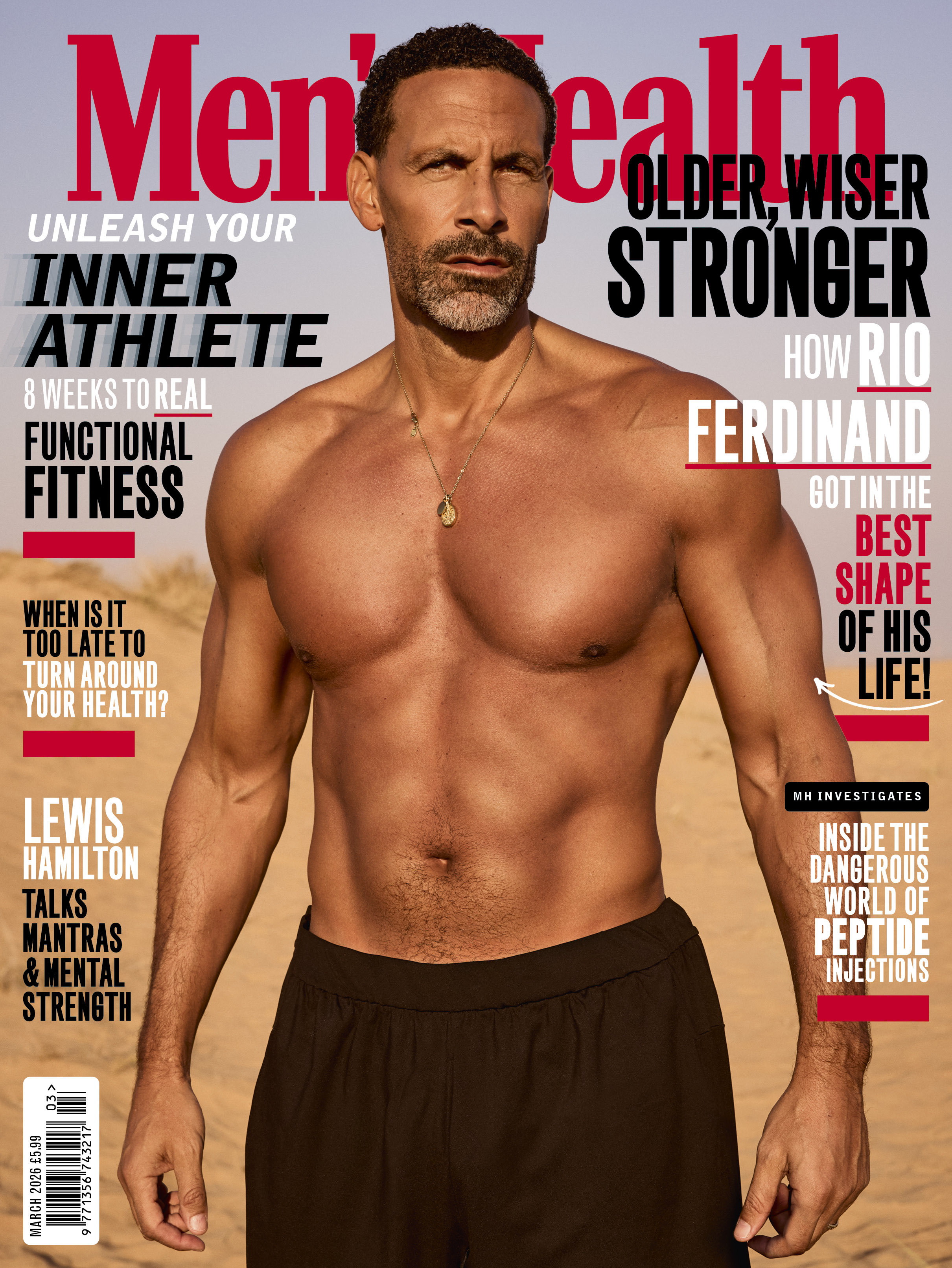 Men's Health UK March 2026 cover featuring a shirtless Rio Ferdinand and headlines about fitness, health, and interviews.