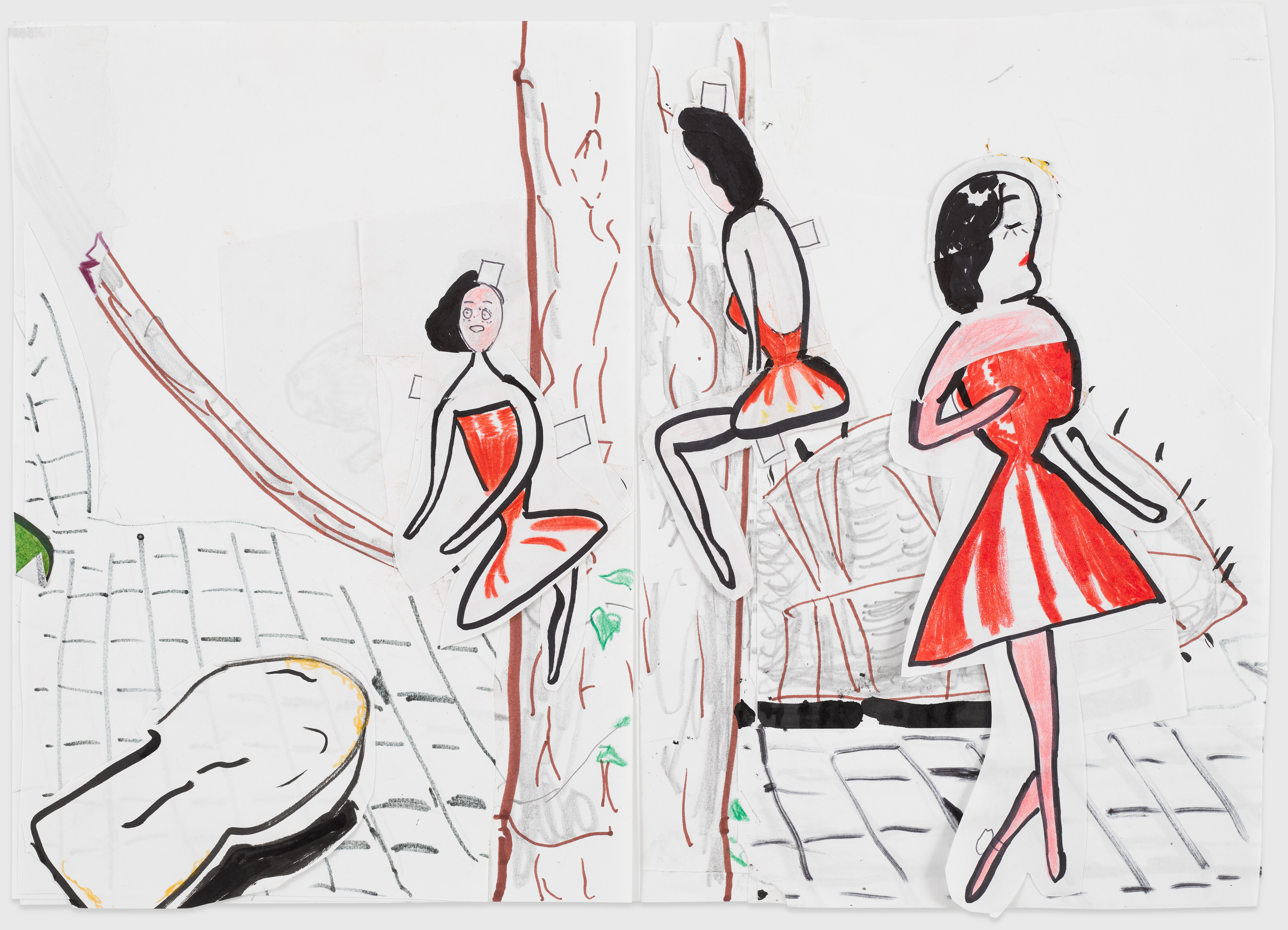 Illustration titled "Study for Red Twink" showing three paper cut-outs of women in red dresses over a graphite and colored pencil drawing on paper.