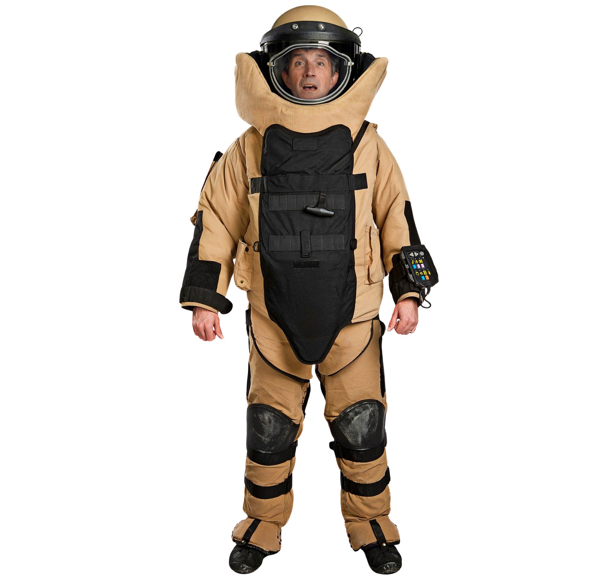 Man in a full bomb disposal suit with a worried expression.