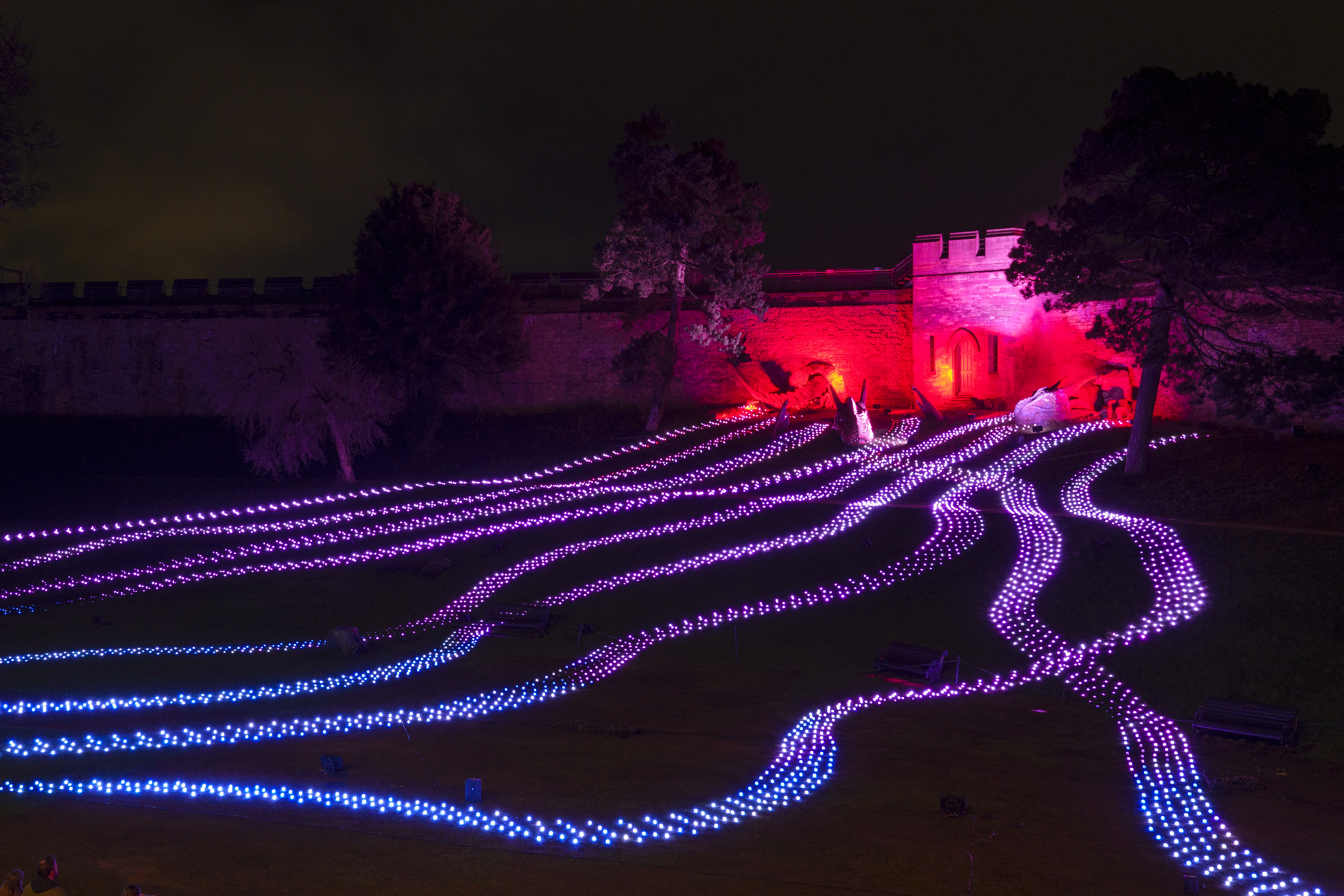 Dragon's Breath installation by ITHACA Studio at Lincoln Castle, part of Frequency 26, Lincoln's festival of light.