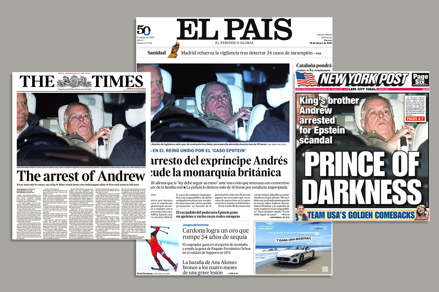 Collage of three newspaper front pages covering the arrest of Andrew, including headlines "The arrest of Andrew," "arresto del expríncipe Andrés," and "King's brother Andrew arrested for Epstein scandal Prince of Darkness."