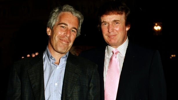 Portrait of American financier Jeffrey Epstein (left) and real estate developer Donald Trump as they pose together at the Mar-a-Lago estate, Palm Beach, Florida, 1997. (Photo by Davidoff Studios/Getty Images)
