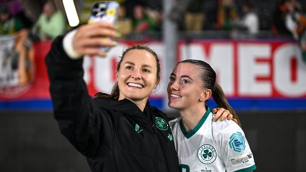 Kyra Carusa, left, and Abbie Larkin of Republic of Ireland after the UEFA Women's Nations League A/B promotion/relegation play-off second leg match between Belgium and Republic of Ireland at The King Power At Den Dreef Stadium in Leuven, Belgium