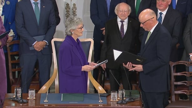 Chief Justice Donal O'Donnell administers the Declaration of Office for Catherine Connolly's inauguration as the tenth President of Ireland