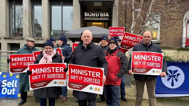 A group of farmers hold placards outside Bord Bia offices
