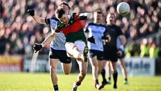1 February 2026; Fergal Boland of Mayo in action against Conor Tyrrell of Dublin during the Allianz Football League Division 1 match between Mayo and Dublin at the Hastings Insurance MacHale Park in Castlebar, Mayo. Photo by Ben McShane/Sportsfile