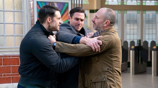 Zack Hudson (James Farrar) breaks up Mark Fowler Jr (Stephen Aaron-Sipple) and Ross (Alex Walkinshaw) Photo: BBC/Jack Barnes/Kieron McCarron