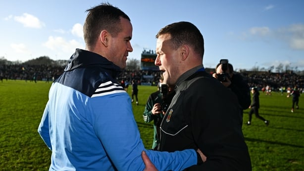 1 February 2026; Dublin manager Ger Brennan, left, and Mayo manager Andy Moran after the Allianz Football League Division 1 match between Mayo and Dublin at the Hastings Insurance MacHale Park in Castlebar, Mayo. Photo by Ben McShane/Sportsfile
