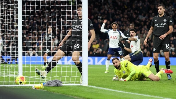LONDON, ENGLAND - FEBRUARY 1: Abdukodir Khusanov of Manchester City is unable to prevent an equalising goal (2-2) by Dominis Solanke of Tottenham Hotspur during the Premier League match between Tottenham Hotspur and Manchester City at Tottenham Hotspur Stadium on February 1, 2026 in London, United K