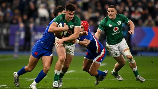12 February 2022; Dan Sheehan of Ireland is tackled by Gabin Villiere and Romain Ntamack of France during the Guinness Six Nations Rugby Championship match between France and Ireland at Stade de France in Paris, France. Photo by Seb Daly/Sportsfile