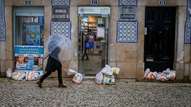 sand bags at the entrance in Alcacer do Sal, south of Portugal,