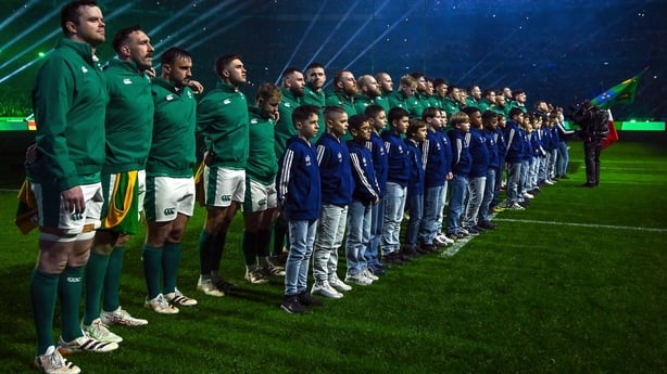 Paris , France - 5 February 2026; Ireland players during the national anthem before the Guinness 6 Nations Rugby Championship match between France and Ireland at Stade de France in Paris, France. (Photo By Brendan Moran/Sportsfile via Getty Images)