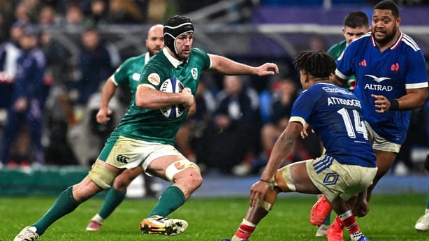 5 February 2026; Caelan Doris of Ireland in action against Théo Attissogbe of France during the Guinness 6 Nations Rugby Championship match between France and Ireland at Stade de France in Paris, France. Photo by Ramsey Cardy/Sportsfile