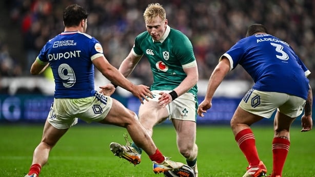 5 February 2026; Jamie Osborne of Ireland in action against Antoine Dupont, left, and Dorian Aldegheri of France during the Guinness 6 Nations Rugby Championship match between France and Ireland at Stade de France in Paris, France. Photo by Seb Daly/Sportsfile