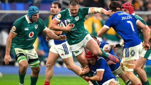 5 February 2026; Stuart McCloskey of Ireland is tackled by Louis Bielle-Biarrey of France during the Guinness 6 Nations Rugby Championship match between France and Ireland at Stade de France in Paris, France. Photo by Brendan Moran/Sportsfile