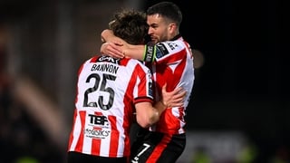 6 February 2026; Alex Bannon of Derry City celebrate with teammate Michael Duffy, right, after scoring their side's first goal during the SSE Airtricity Men's Premier Division match between Derry City and Sligo Rovers at The Ryan McBride Brandywell Stadiu