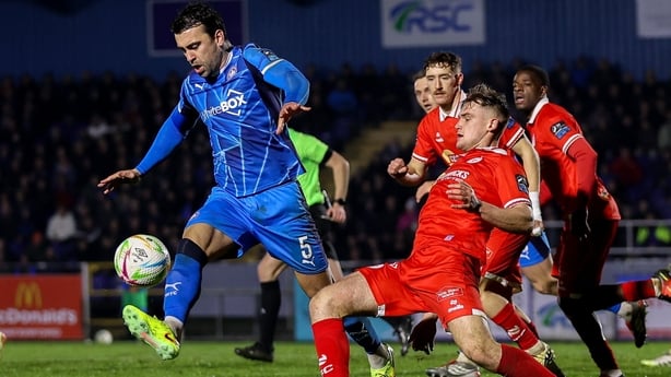 6 February 2026; John Mahon of Waterford in action against JJ Lunney of Shelbourne during the SSE Airtricity Men's Premier Division match between Waterford and Shelbourne at the Regional Sports Centre in Waterford. Photo by Michael P Ryan/Sportsfile