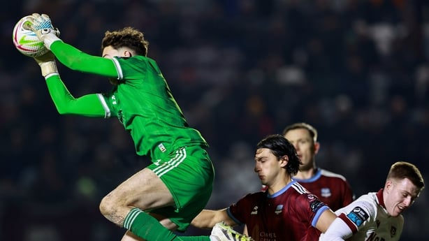 6 February 2026; Galway United goalkeeper Evan Watts makes a save during the SSE Airtricity Men's Premier Division match between Galway United and Drogheda United at Eamonn Deacy Park in Galway. Photo by Thomas Flinkow/Sportsfile