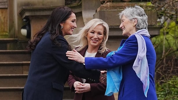 Deputy First Minister Emma Little Pengelly and First Minister Michelle O'Neill greeting President of Ireland Catherine Connolly at Stormont Castle, Belfast, on day one of her visit to Northern Ireland