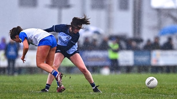 7 February 2026; Hannah McGinnis of Dublin in action against Áine O'Neill of Waterford during the Lidl Ladies National Football League Division 1 Round 3 match between Waterford and Dublin at Dungarvan GAA Club in Dungarvan, Waterford. Photo by Tyler Miller/Sportsfile
