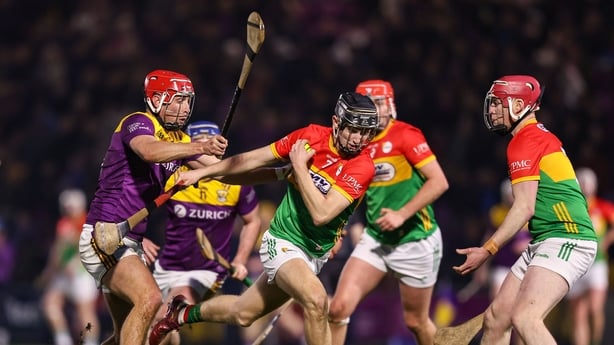 7 February 2026; Evan Kealy of Carlow in action against Conor Hearne of Wexford during the Allianz Hurling League Division 1B match between Wexford and Carlow at Chadwicks Wexford Park in Wexford. Photo by Michael P Ryan/Sportsfile