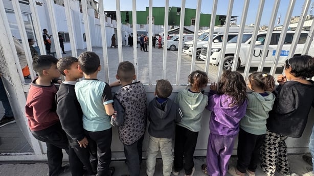 A group of patients and wounded people from the Red Cross Hospital accompanied by their caregivers, depart on buses heading toward the Rafah Border Crossing for evacuation in Khan Yunis